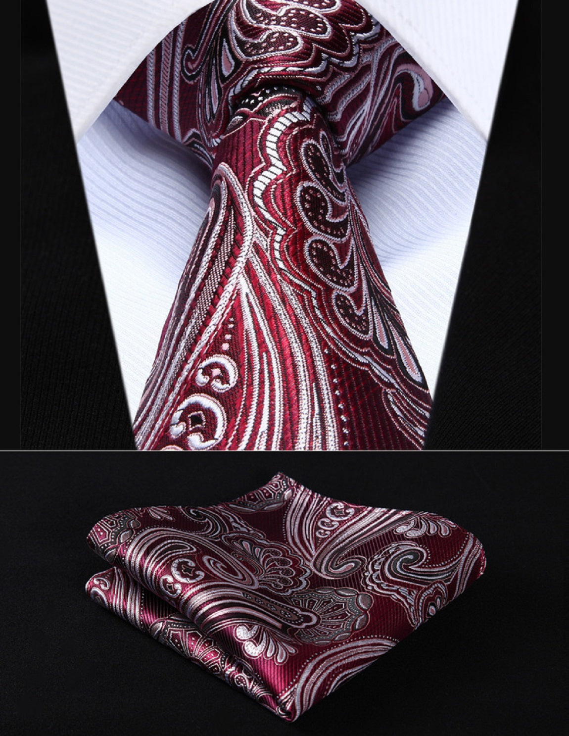 A Dark Burgundy, Black, White Paisley Pattern Silk Necktie, Matching Silk Pocket Square