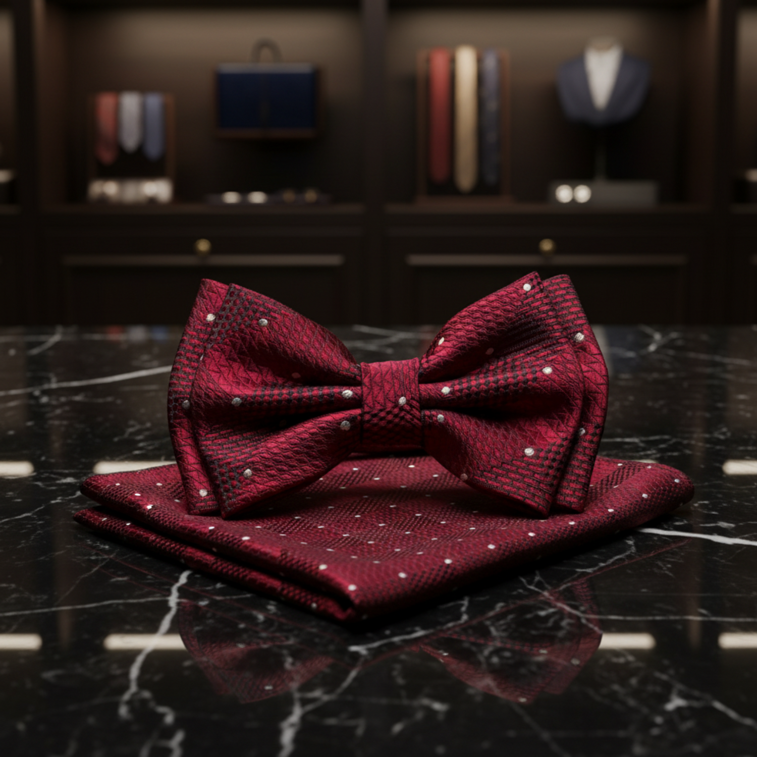 Red bow tie and matching pocket square with white polka dots on a white background
