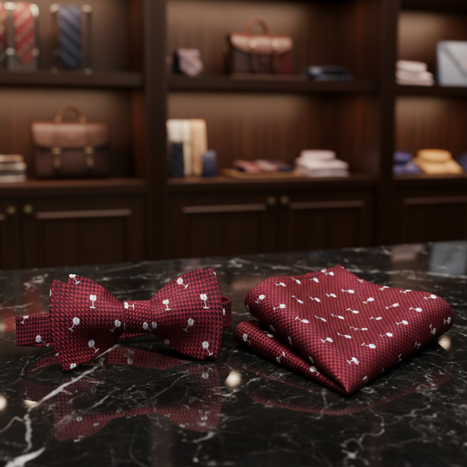 Burgundy, White Wine Glass Bow Tie and Pocket Square