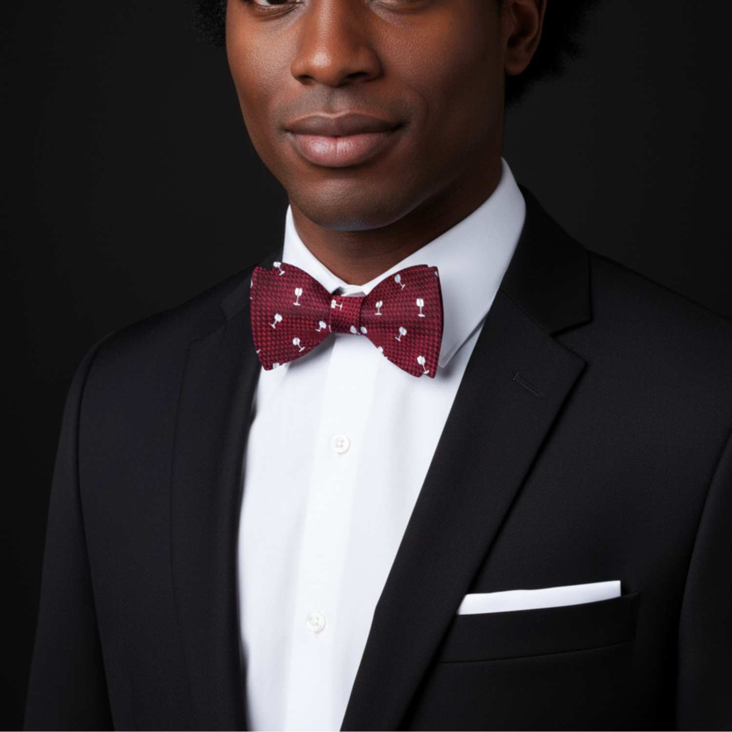 Man wearing a black suit with a white shirt and red bow tie on a dark background