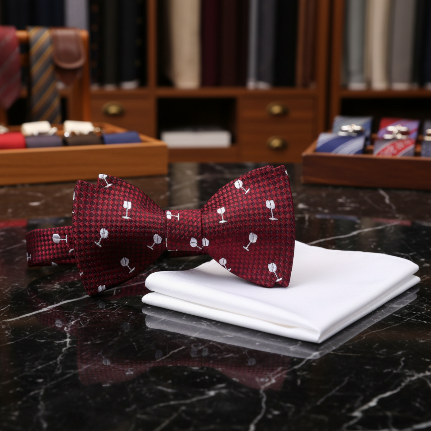 Burgundy, White Wine Glass Bow Tie and White Pocket Square