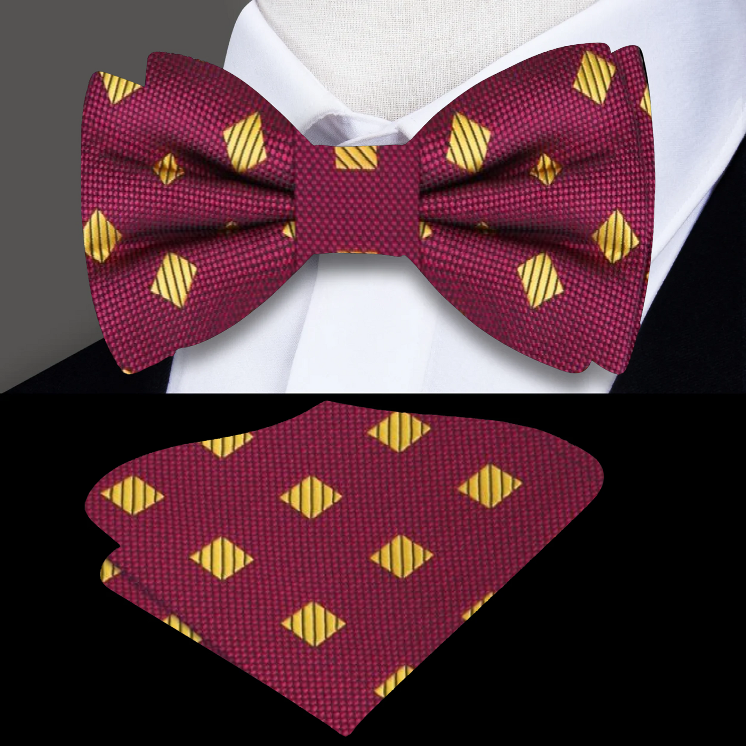 Maroon bow tie with yellow diamond pattern on a mannequin and close-up against a black background.