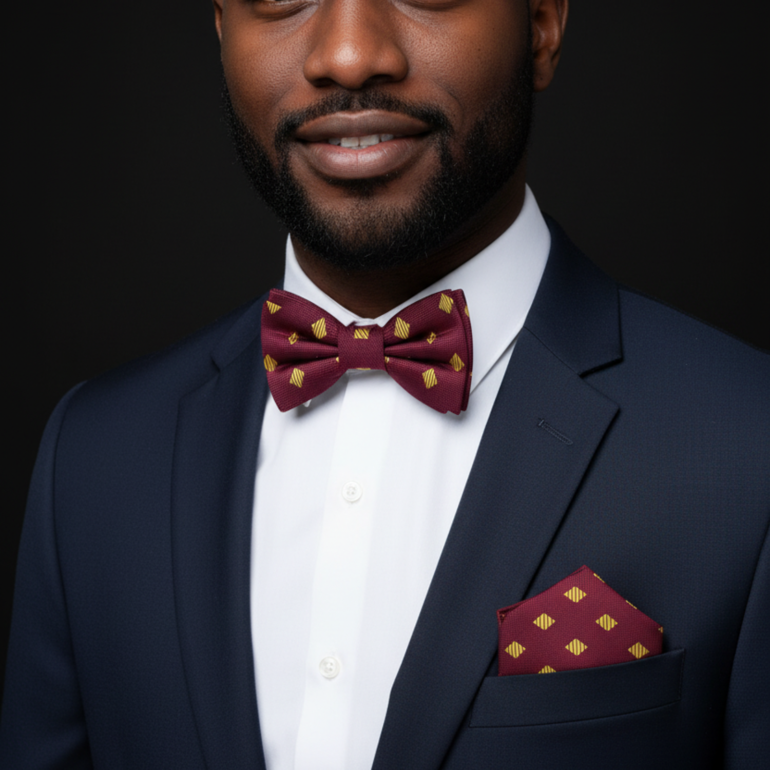 Man wearing Burgundy and Gold Geometric Diamonds Bow and Pocket Square||Burgundy