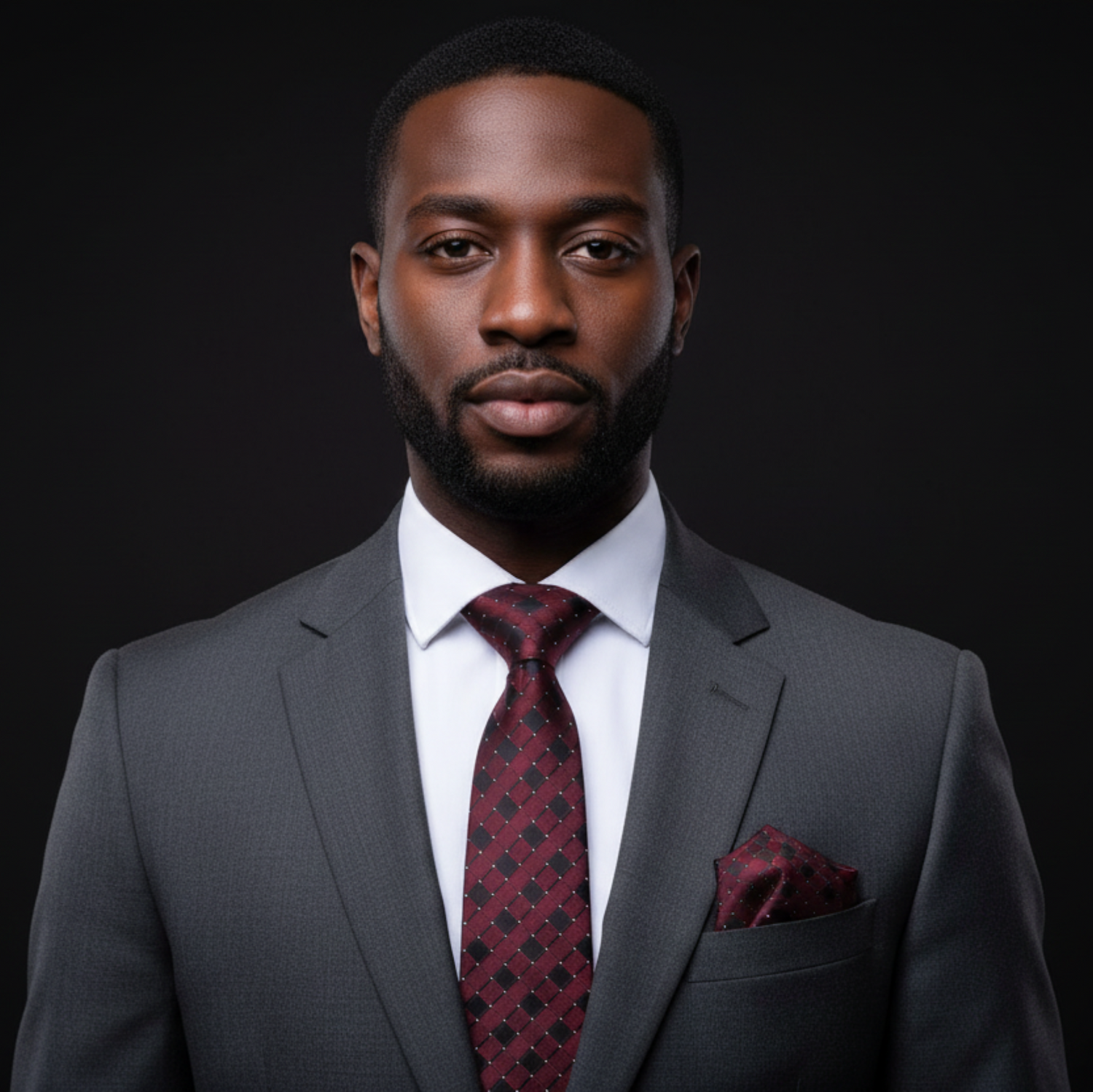 Man wearing a gray suit with a red tie and pocket square on a black background
