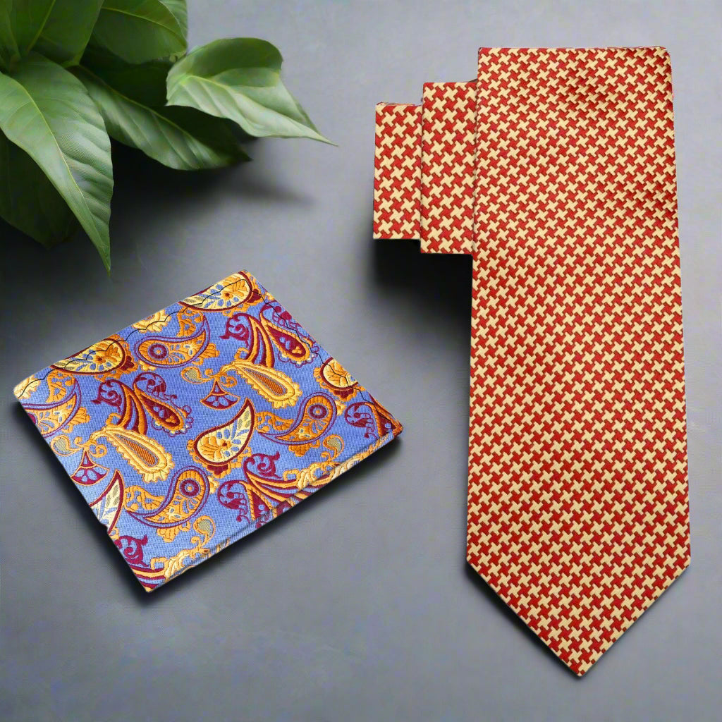 Red and Gold Geometric Tie and Accenting Pocket Square