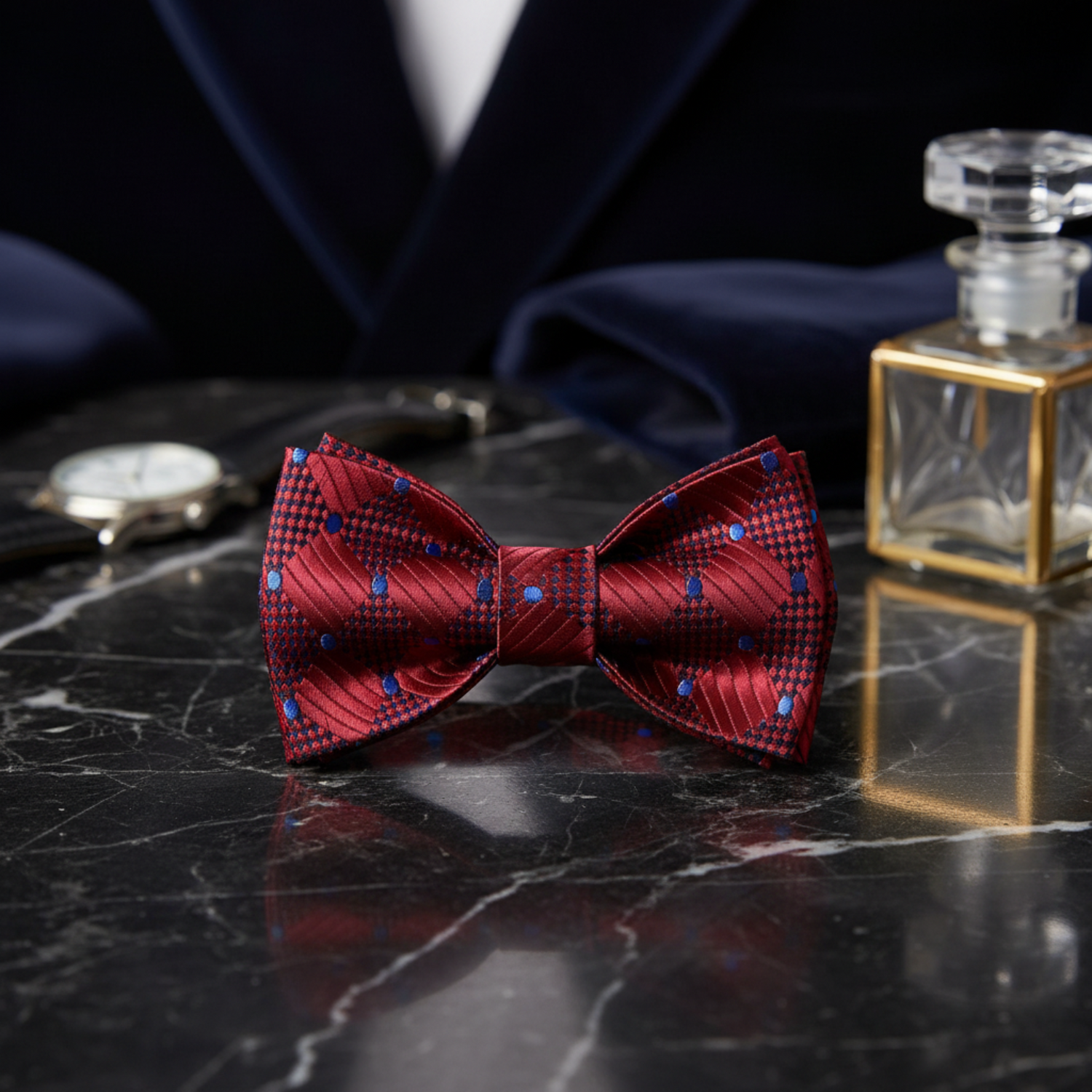 Burgundy, Blue Geometric Bow Tie 