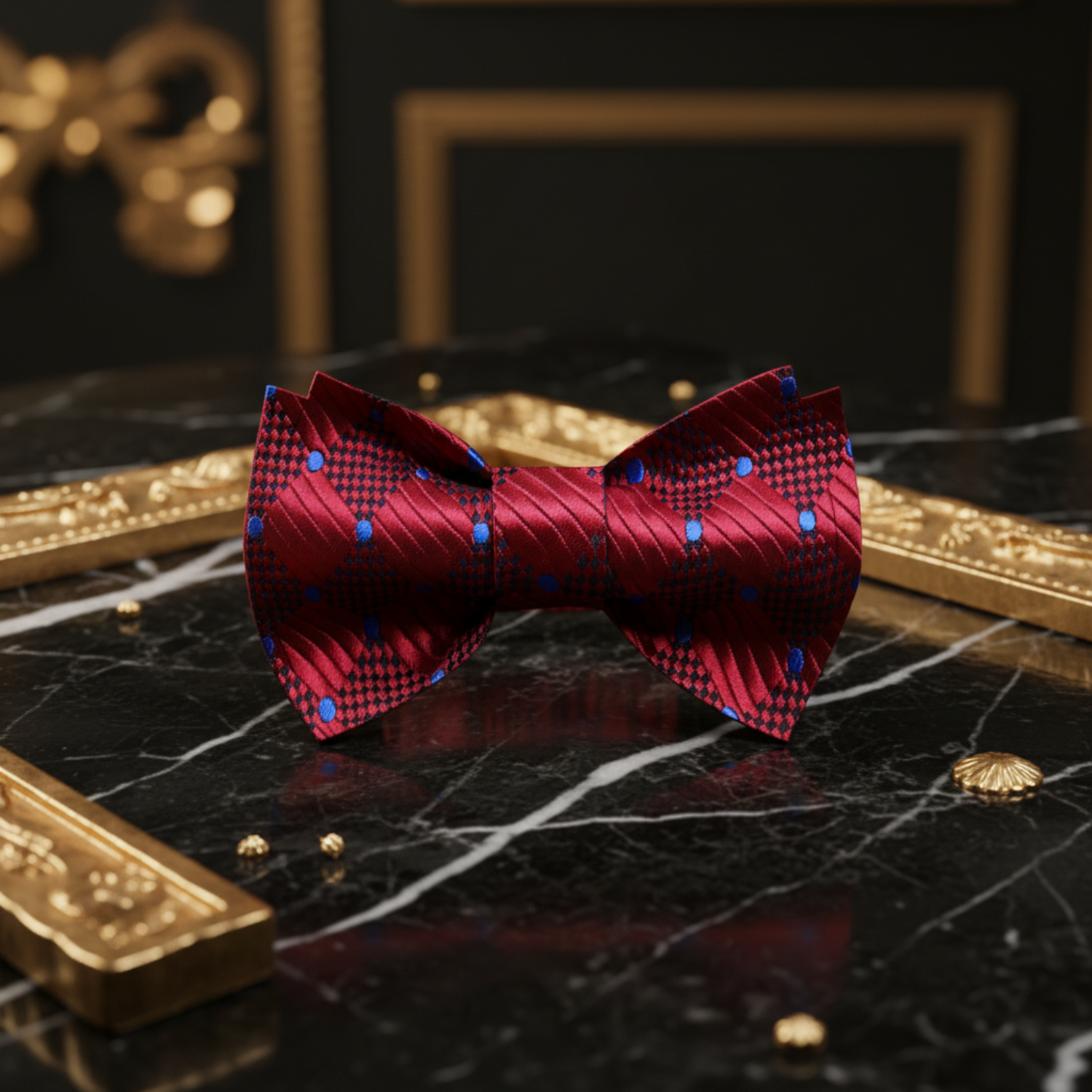 Burgundy, Blue Geometric Bow Tie  Pre Tied
