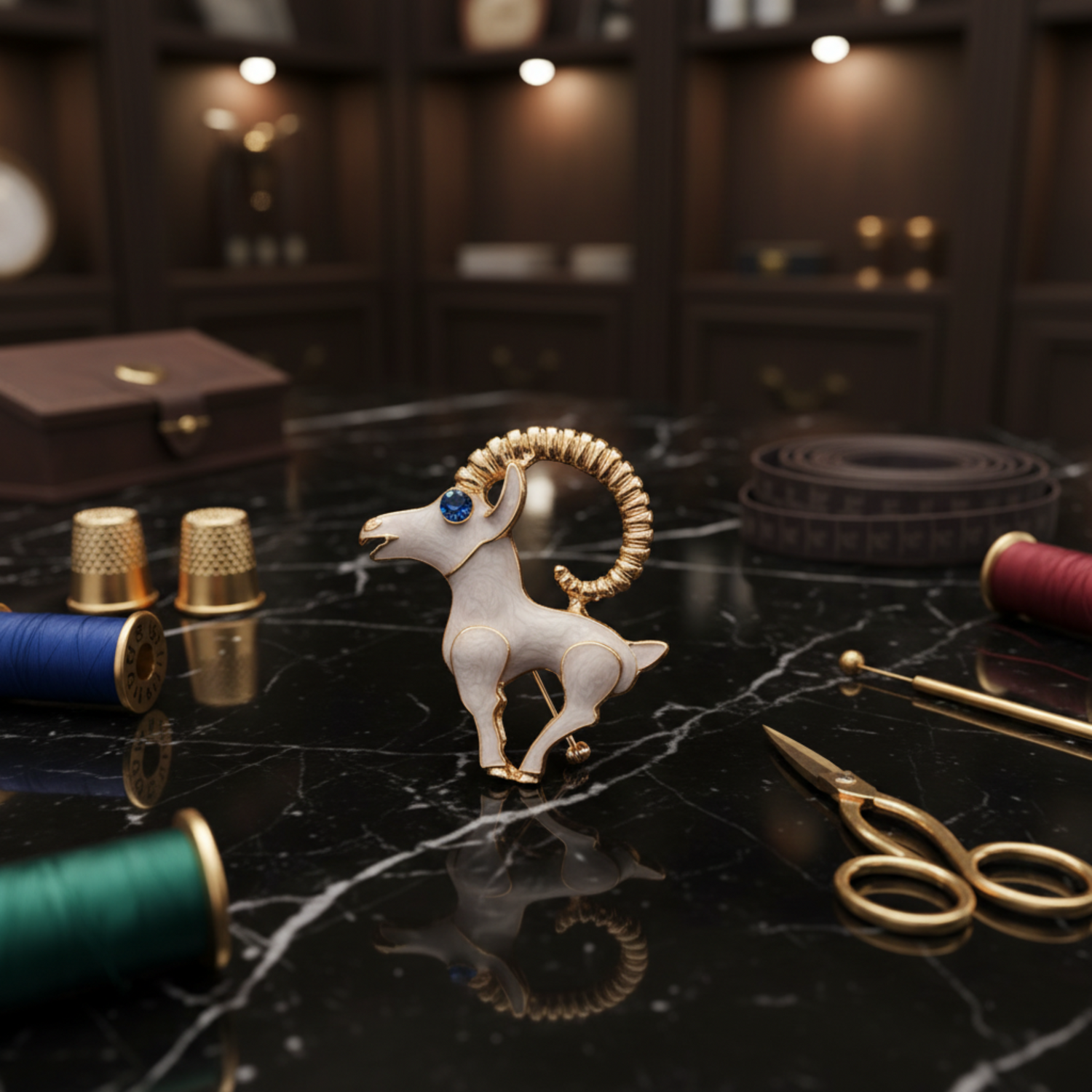 A ram figurine brooch featuring a white enamel body, gold-plated metal detailing, a textured gold horn, and a blue gemstone for an eye, set against a dark background.