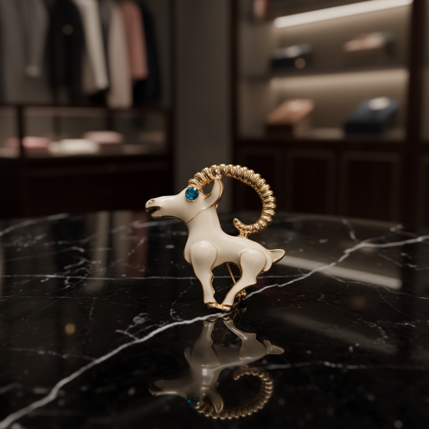 A ram-shaped brooch with gold-tone metal and cream enamel, featuring a textured curved horn and a small blue gemstone for an eye, shown on a plain light background.