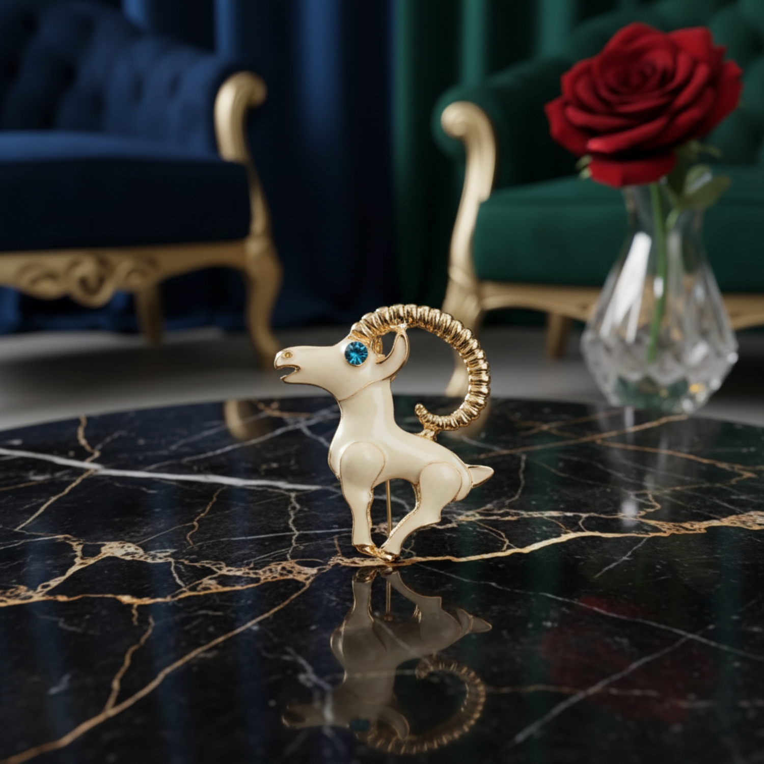 A zodiac sign Aries ram brooch with cream enamel, gold-plated metal, a textured gold horn, and a blue rhinestone eye, displayed on a wooden prop over a patterned glass surface.