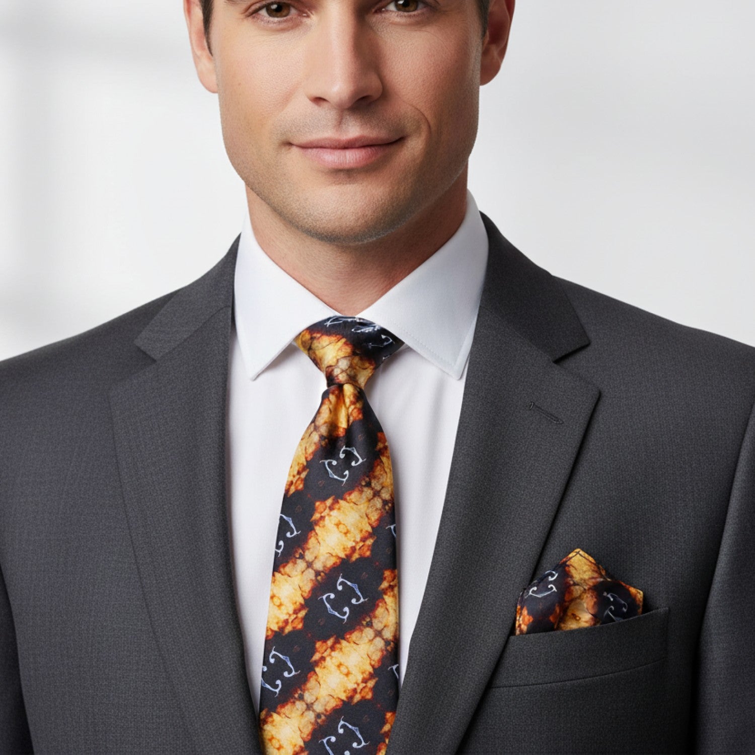 Black, Amber Gold and Ice Blue Mirrored Abstract Necktie