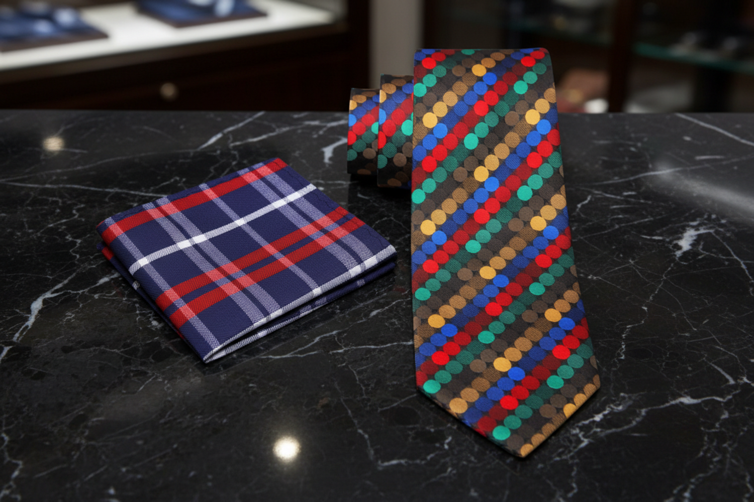 View 2: A Red, Yellow, Blue, Green Polka Dot Pattern Necktie, Matching Pocket Square