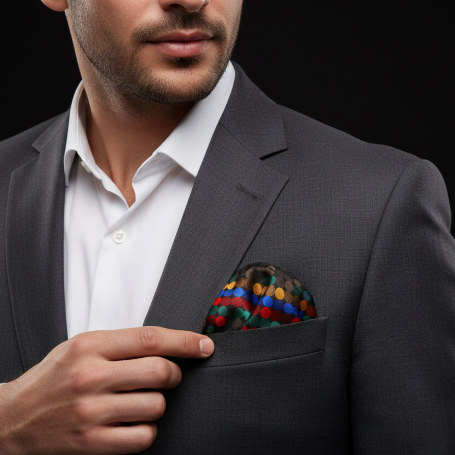 Man in a gray suit with a colorful pocket square against a black background