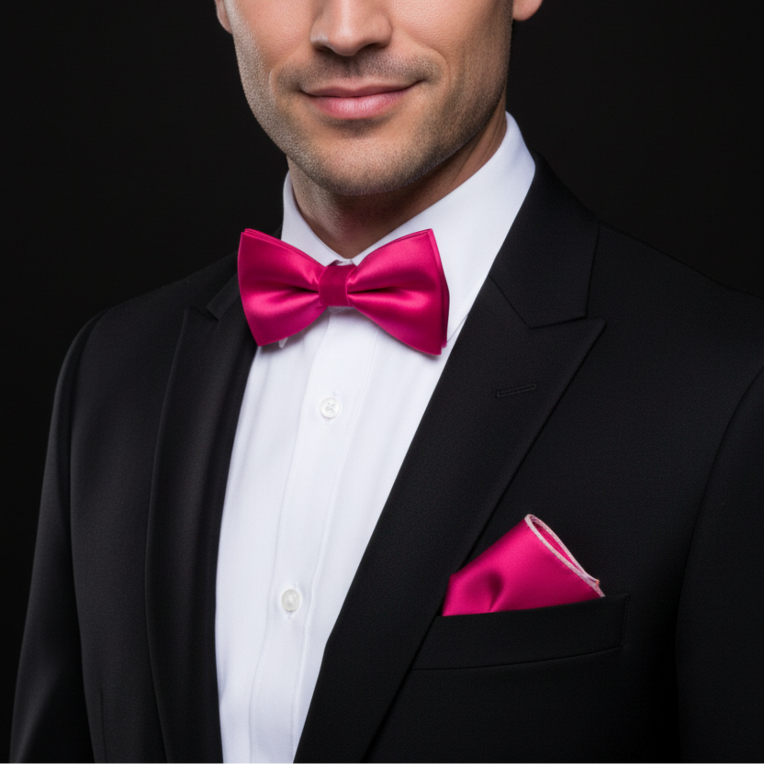 Man wearing pink bow tie and square on suit