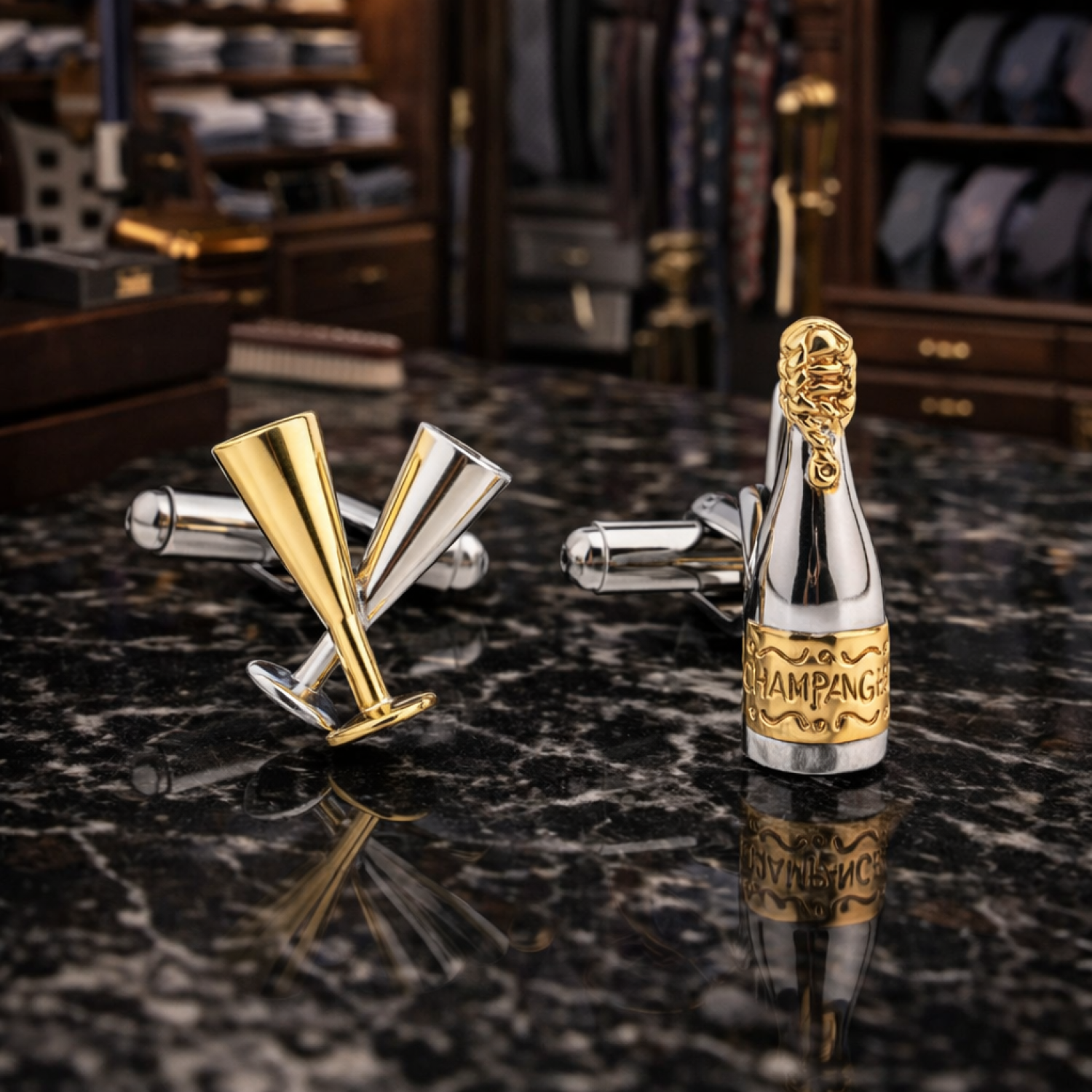 View 2 A Chrome and Gold Champagne Bottle and Champagne Cups Shaped Cuff links.