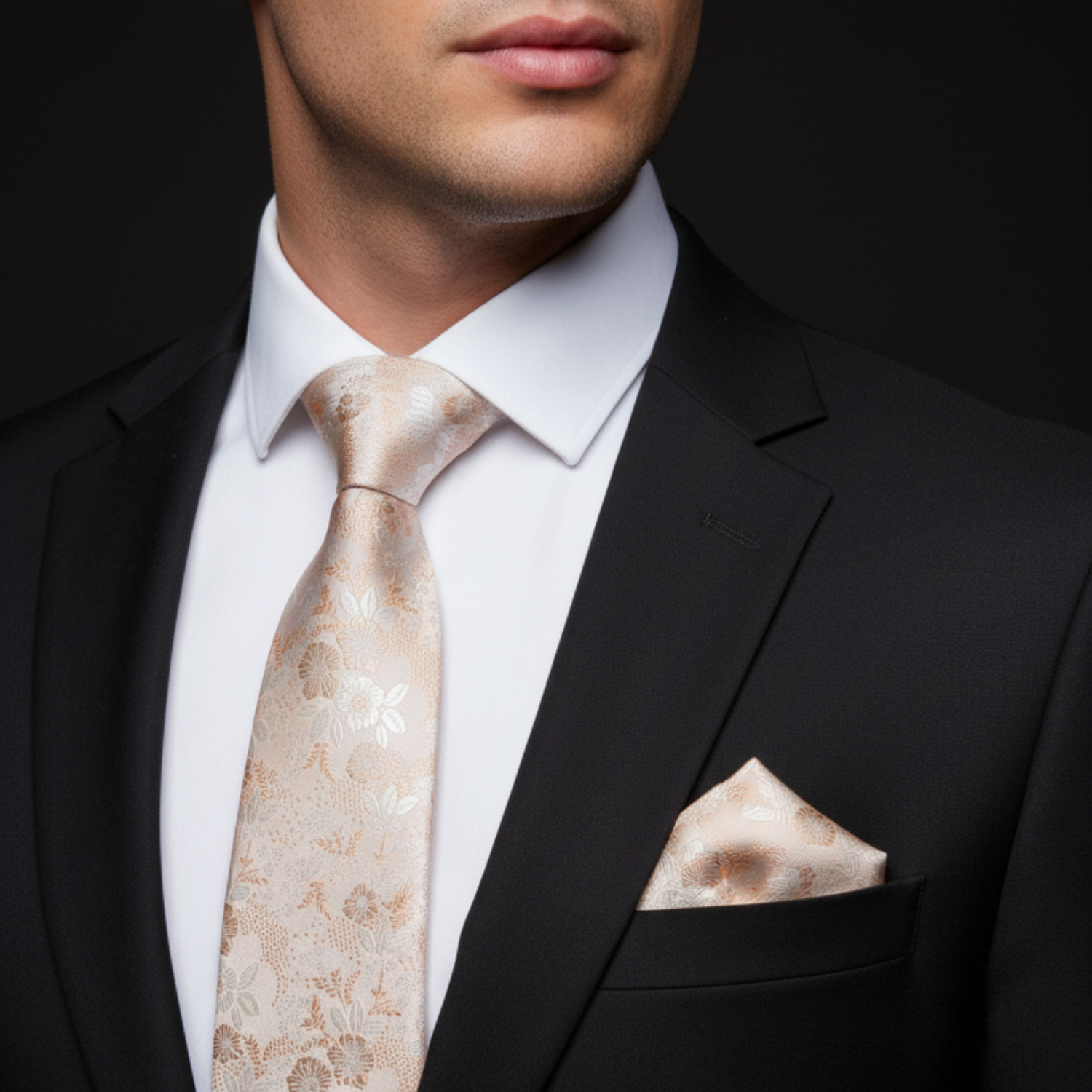 Man wearing a black suit with a white shirt, beige patterned tie, and matching pocket square.