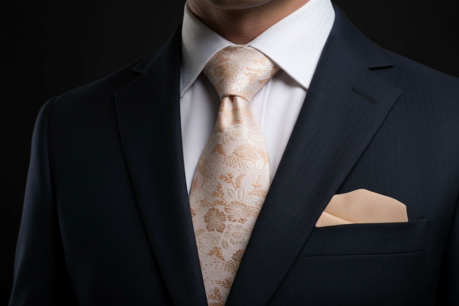Man wearing a dark suit with a light-colored tie and beige pocket square against a black background