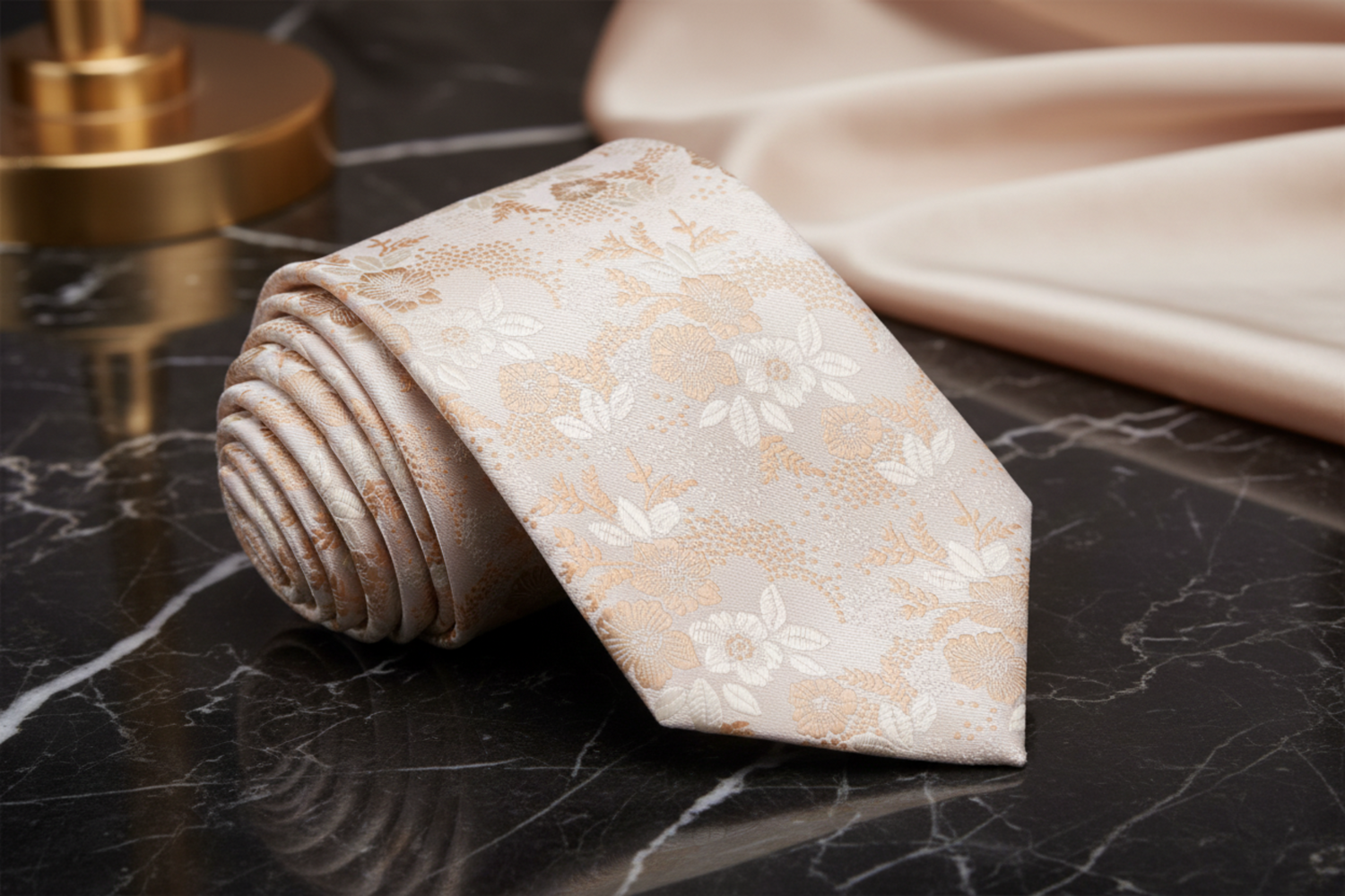 Beige floral patterned tie on a dark marble surface