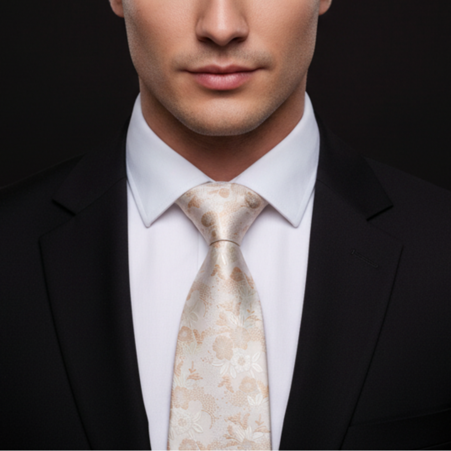 Man wearing a black suit, white shirt, and patterned tie on a dark background