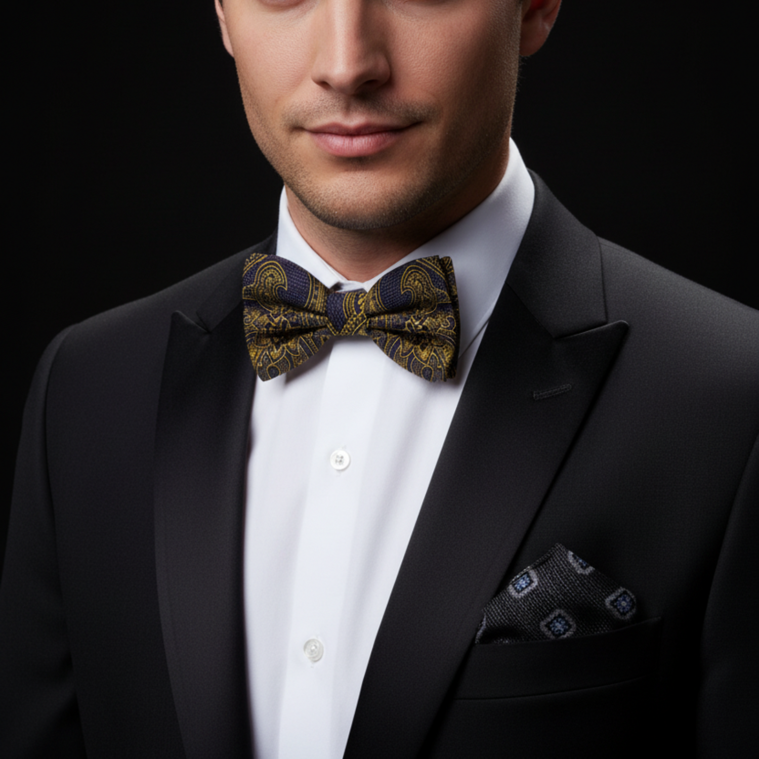 Grey, Gold & Black Paisley Bow Tie