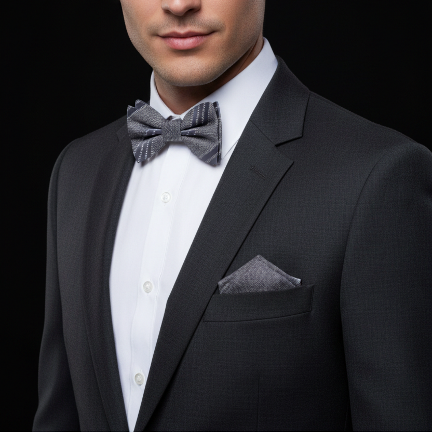 Man wearing a black tuxedo with a gray bow tie and pocket square on a black background