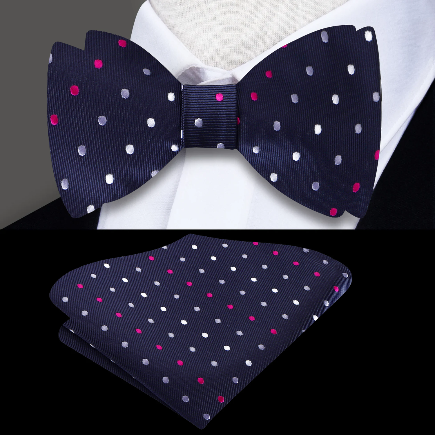 Charcoal with pink and white dots bow tie and square