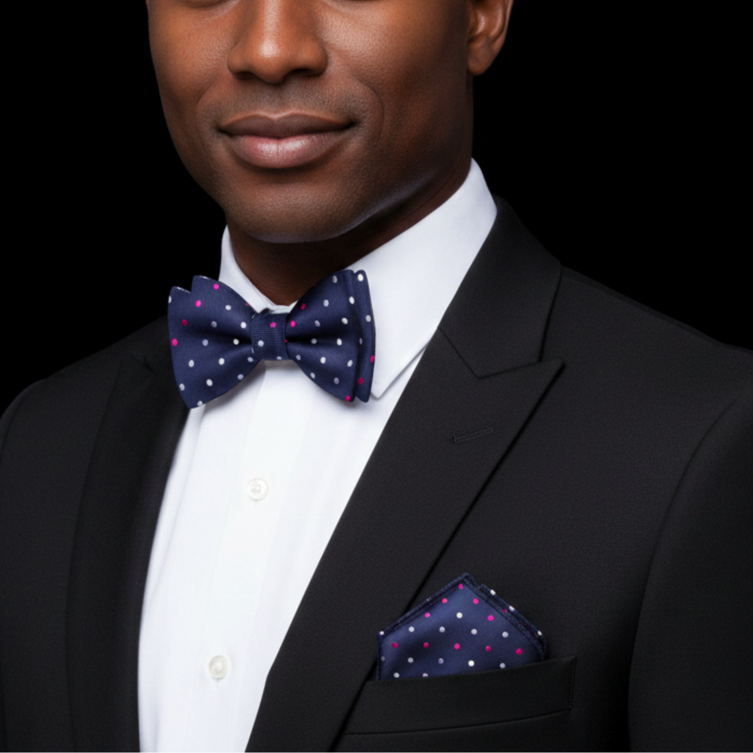 Man wearing a black suit with a white shirt and blue polka dot bow tie and pocket square.