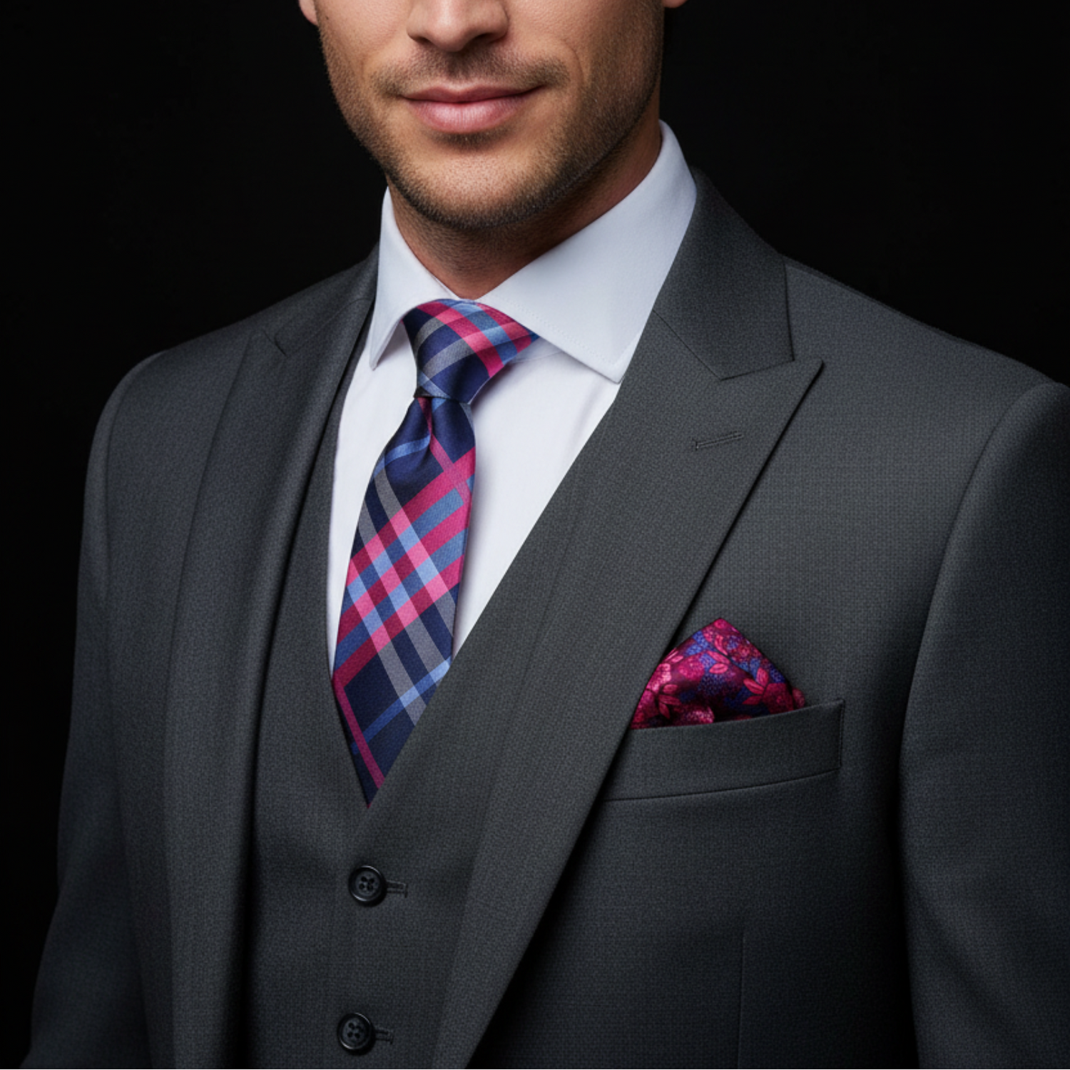 Man wearing a gray suit with a plaid tie and pocket square on a black background
