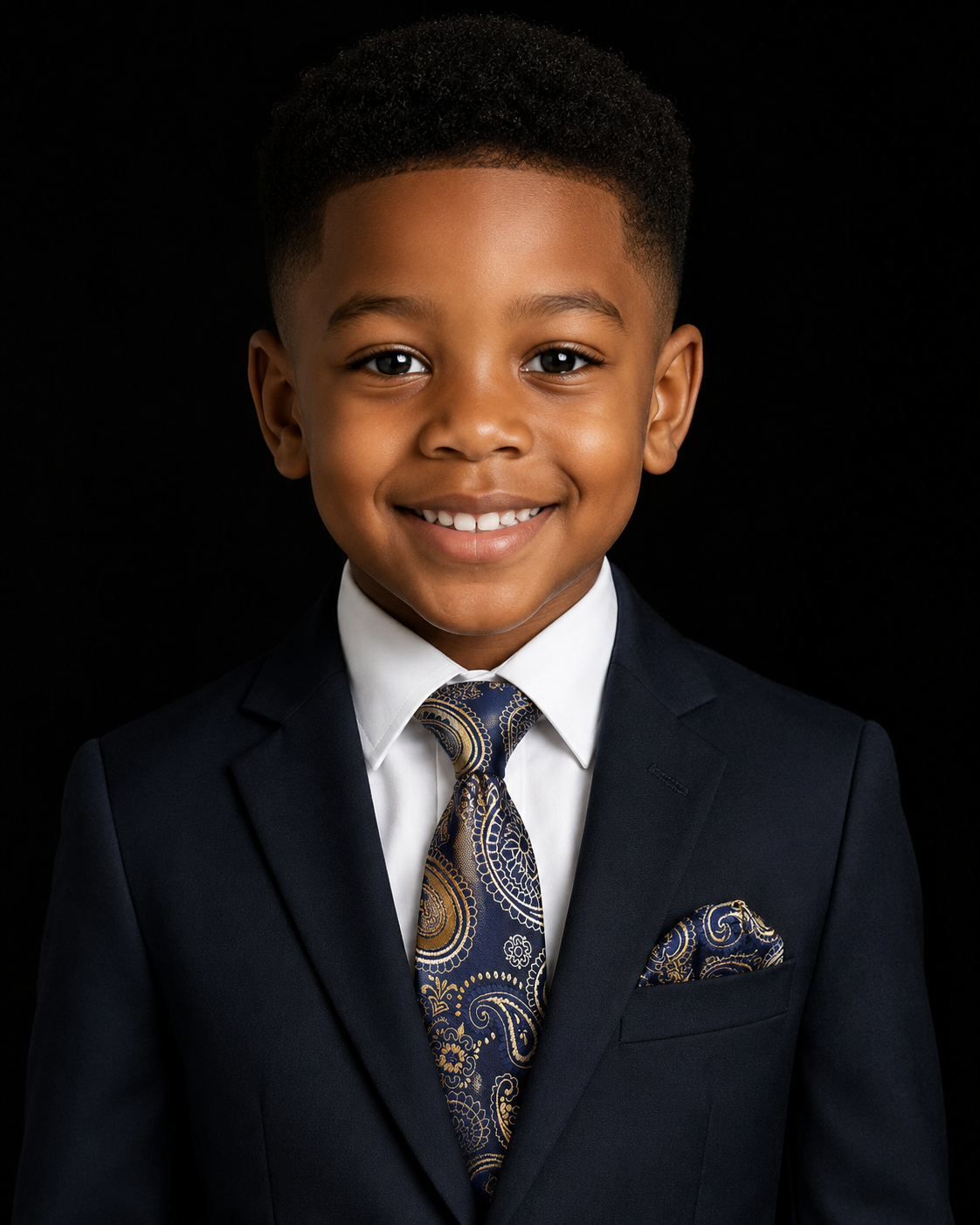 Blue and gold paisley boys tie and square on suit