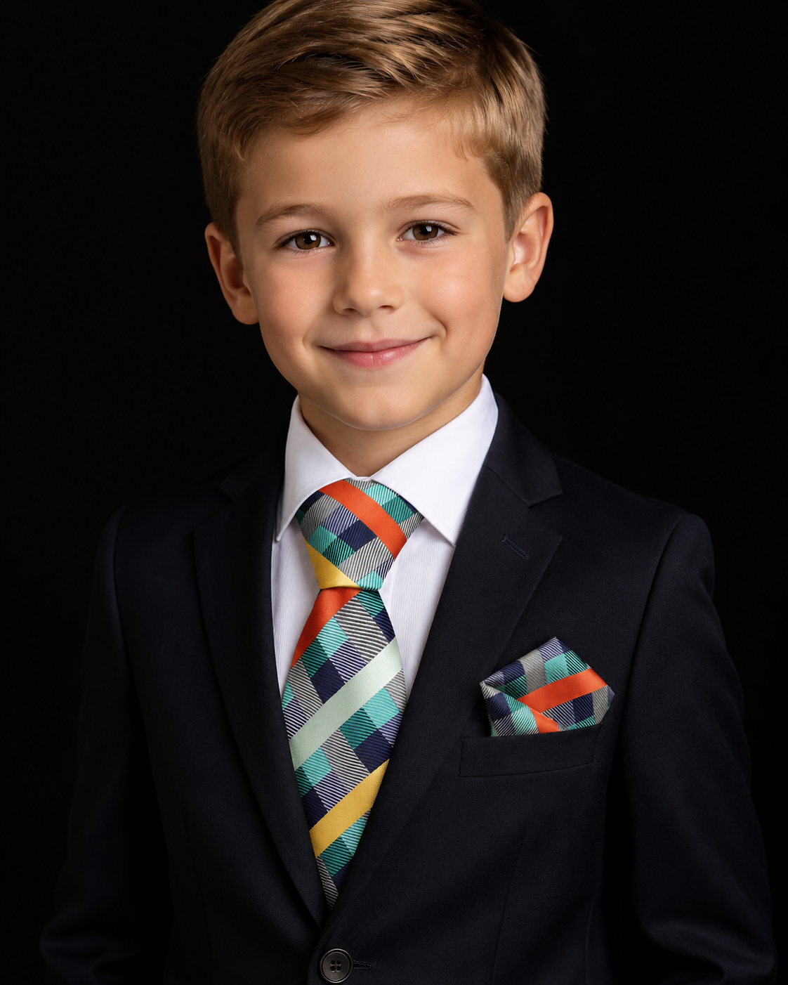 Green orange and Yellow plaid tie on formal child with suit