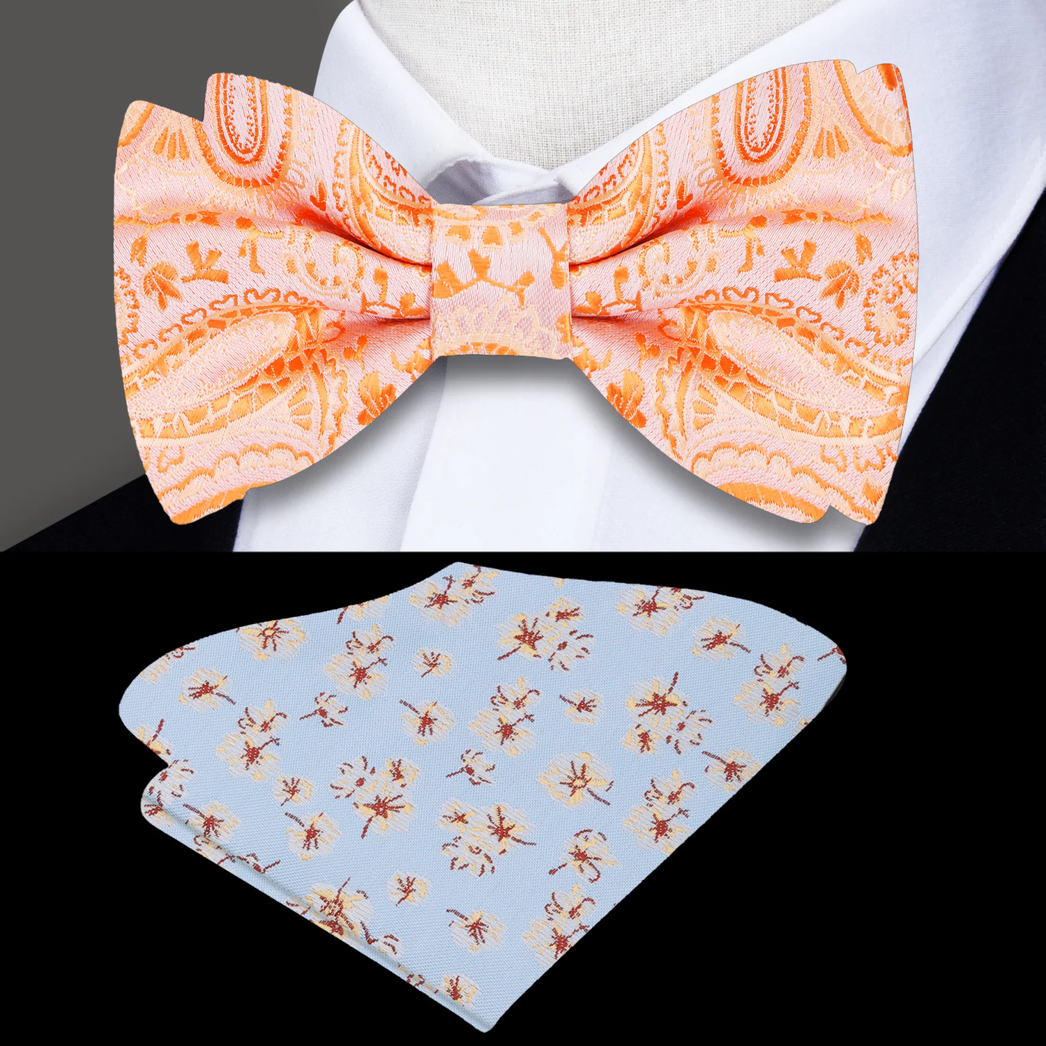 Shades of orange paisley bow tie and light blue cream floral pocket square