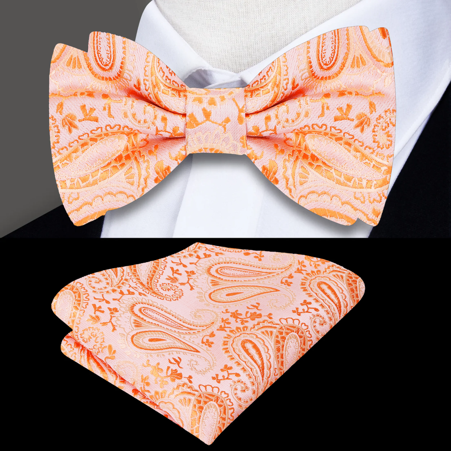 Shades of orange paisley bow tie and pocket square