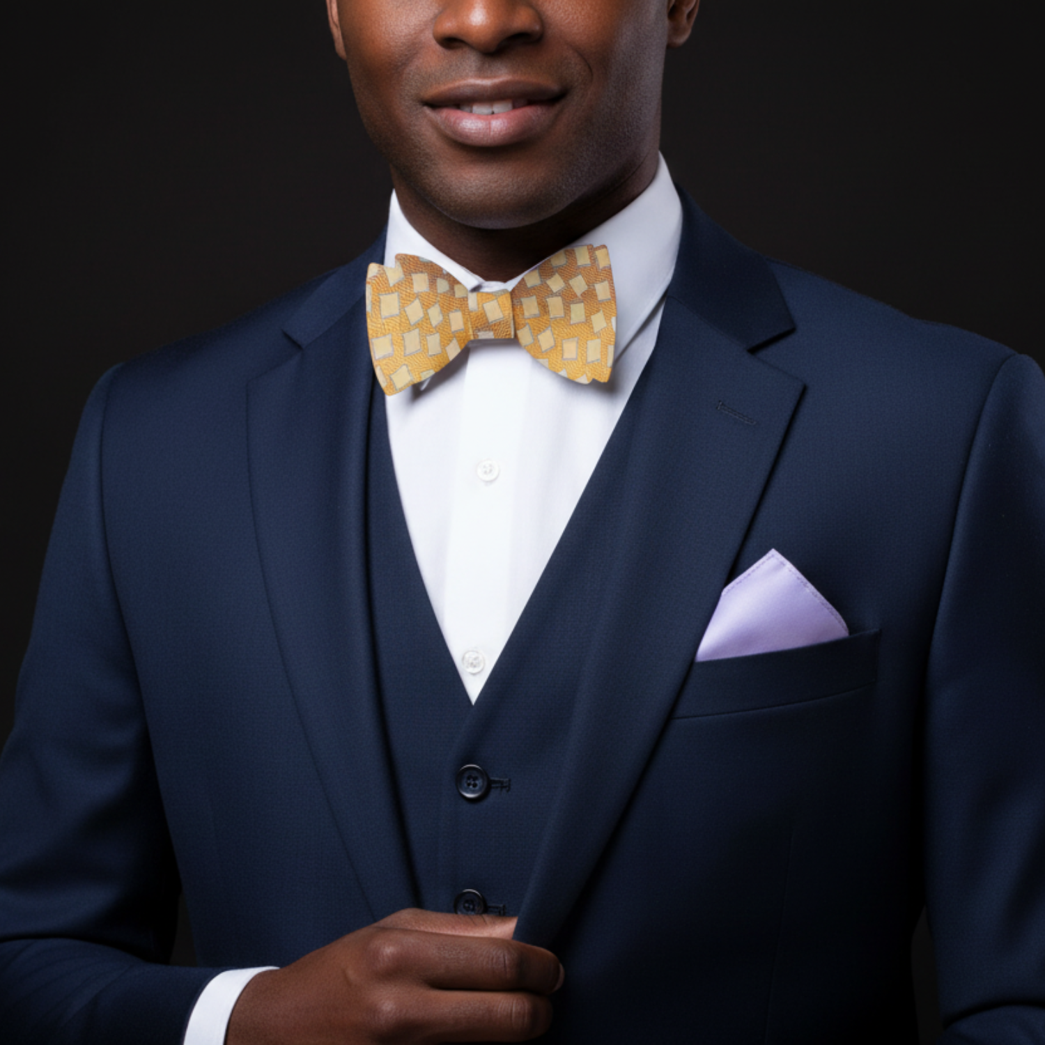 Man wearing a navy suit with a yellow bow tie on a black background
