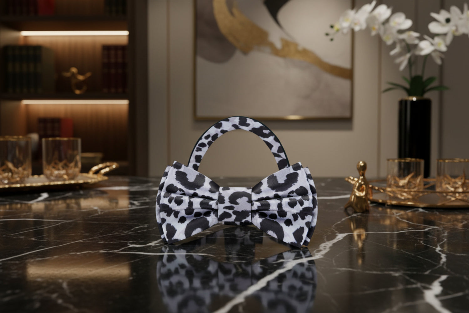 White Blue Black Cheetah Bow Tie Pre Tied
