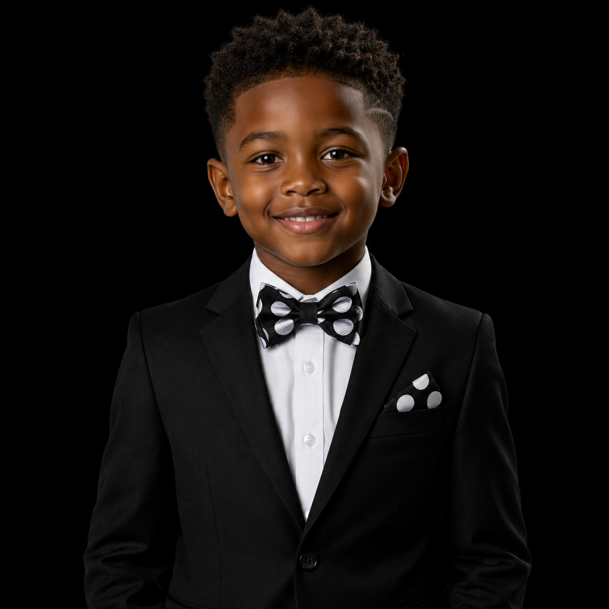 Young boy in a black suit with a bow tie on a black background