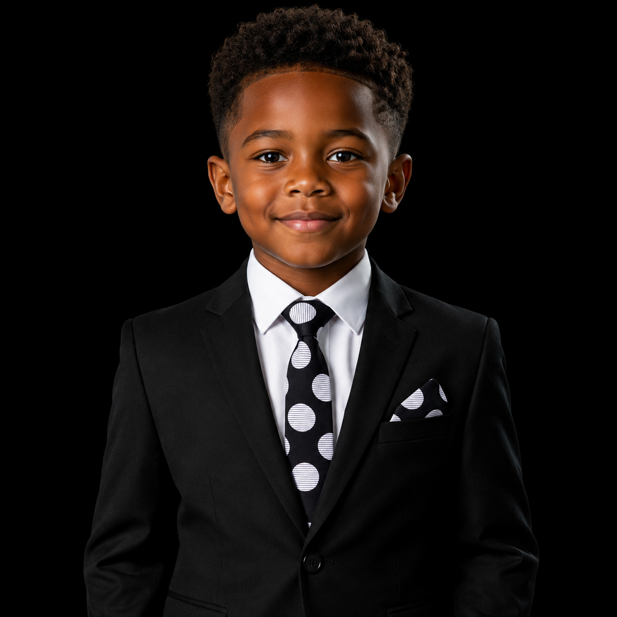 Young boy in a black suit with a polka dot tie on a black background