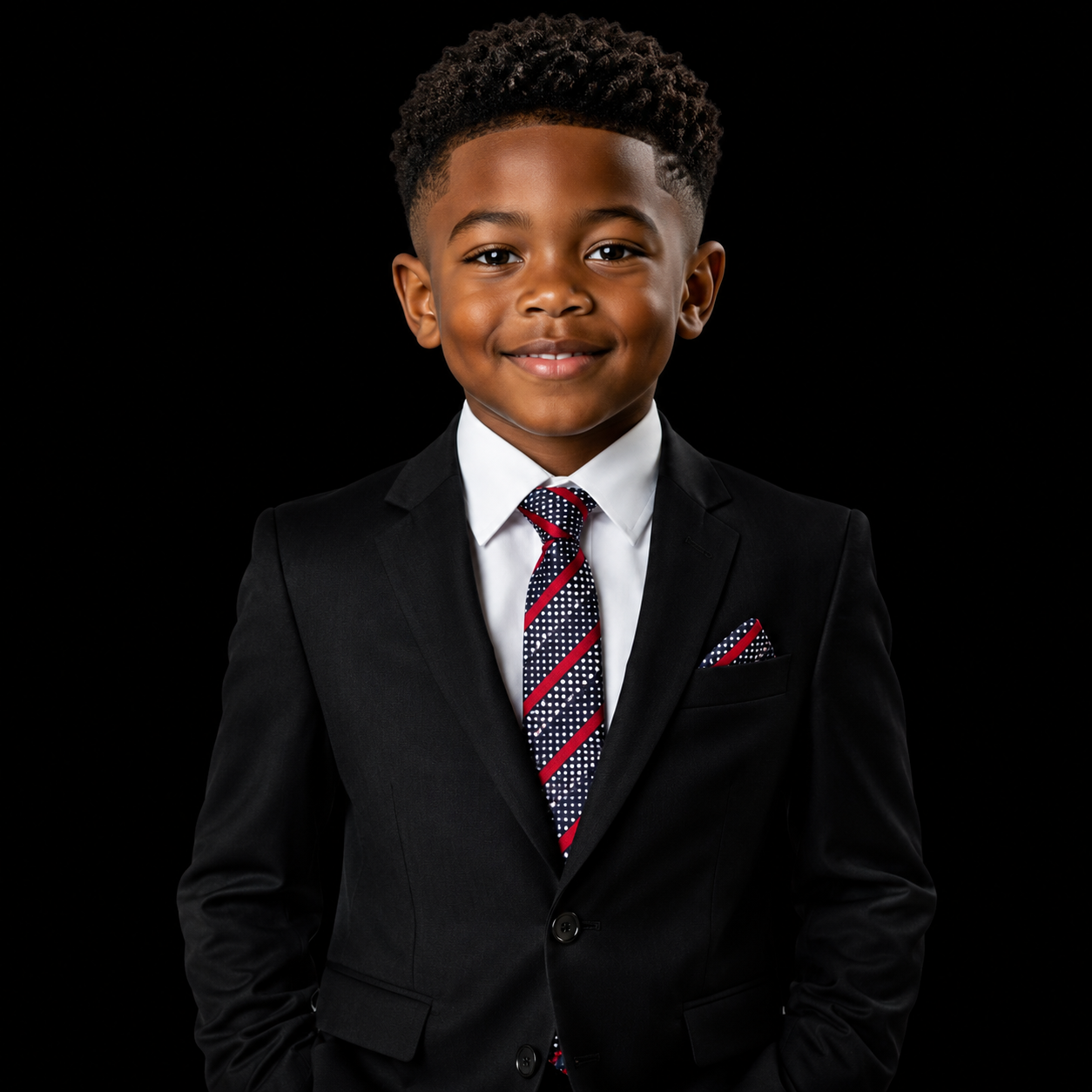 Young boy in a black suit with a red and blue tie on a black background