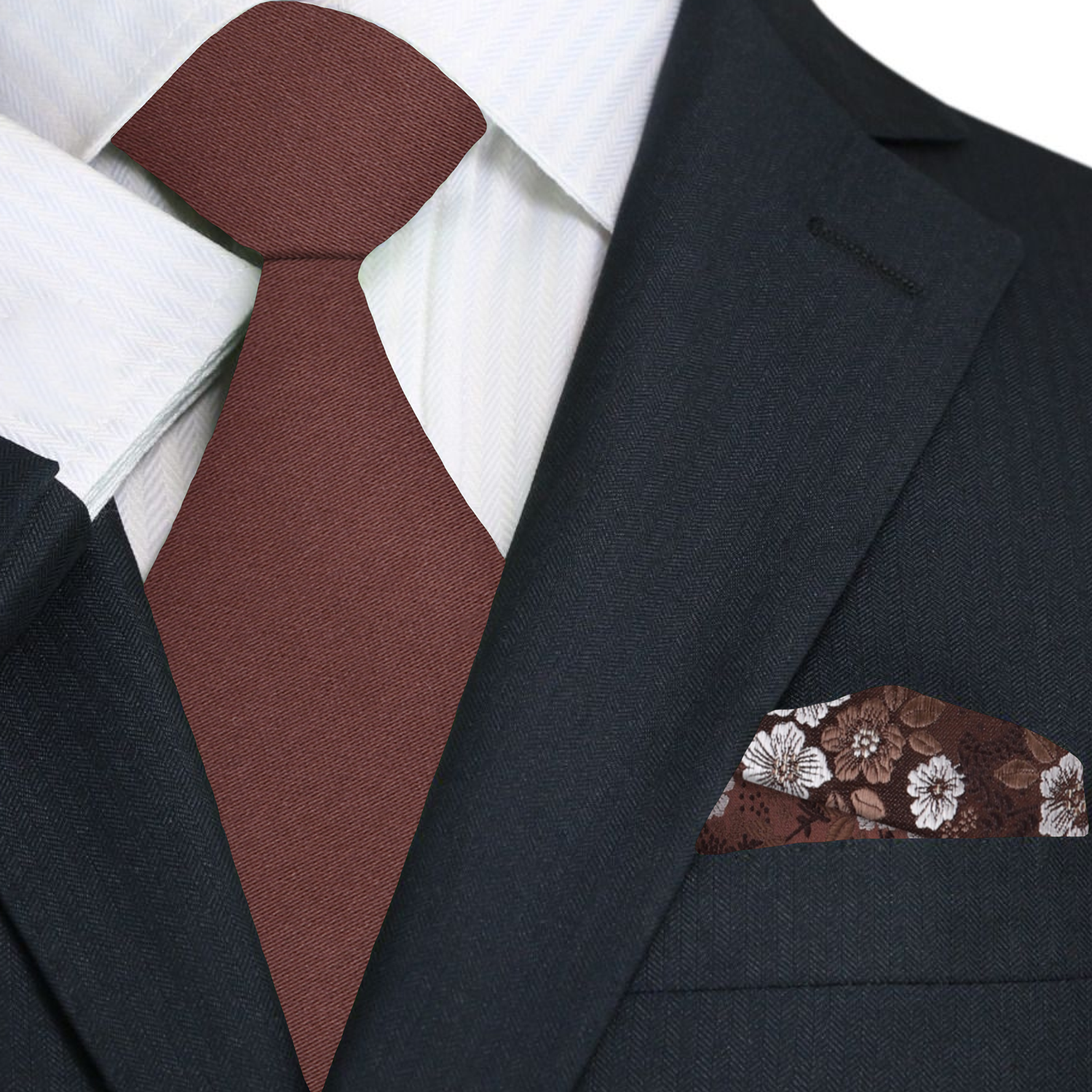 Solid Brown Tie with A Brown and White Floral Square