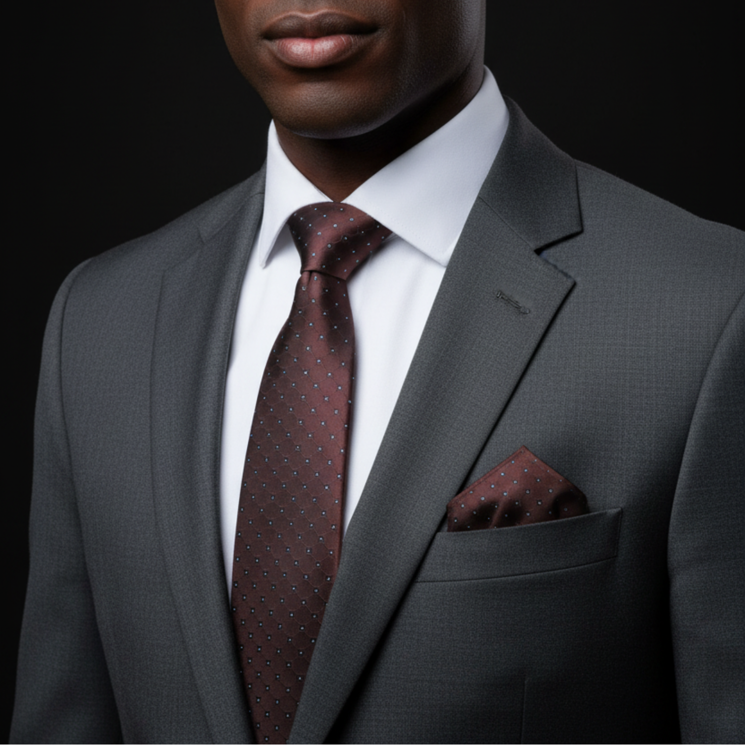 Man wearing a gray suit with a white shirt, maroon tie, and pocket square on a black background