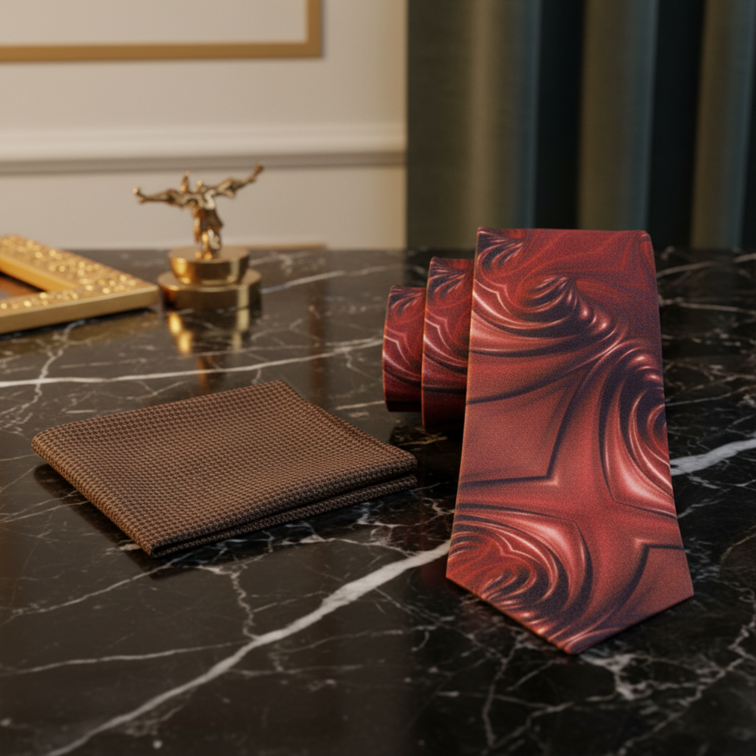 Brown wallet and red patterned tie on a marble surface with decorative items.