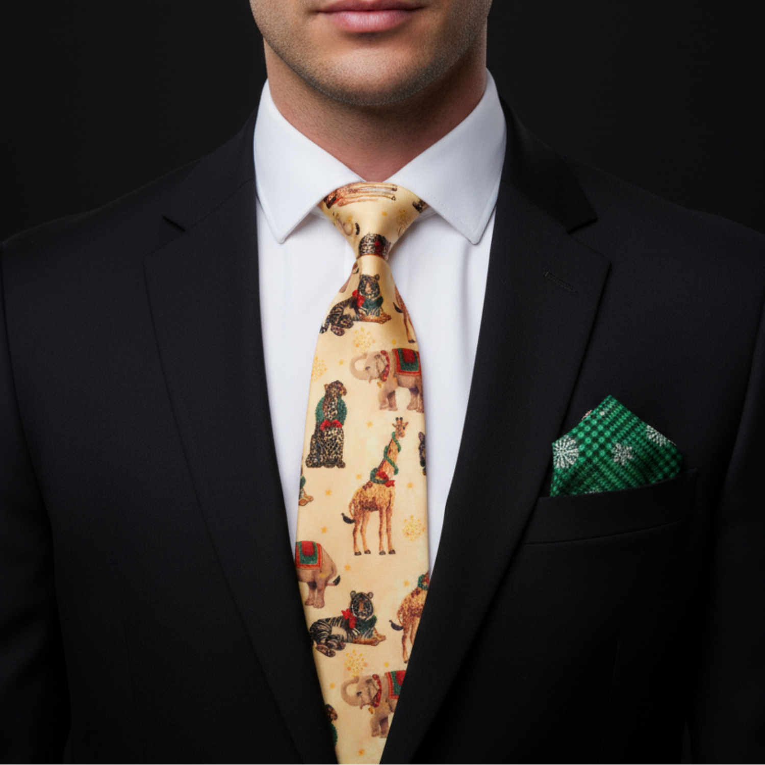 Man wearing a black suit with a patterned tie and green pocket square on a dark background