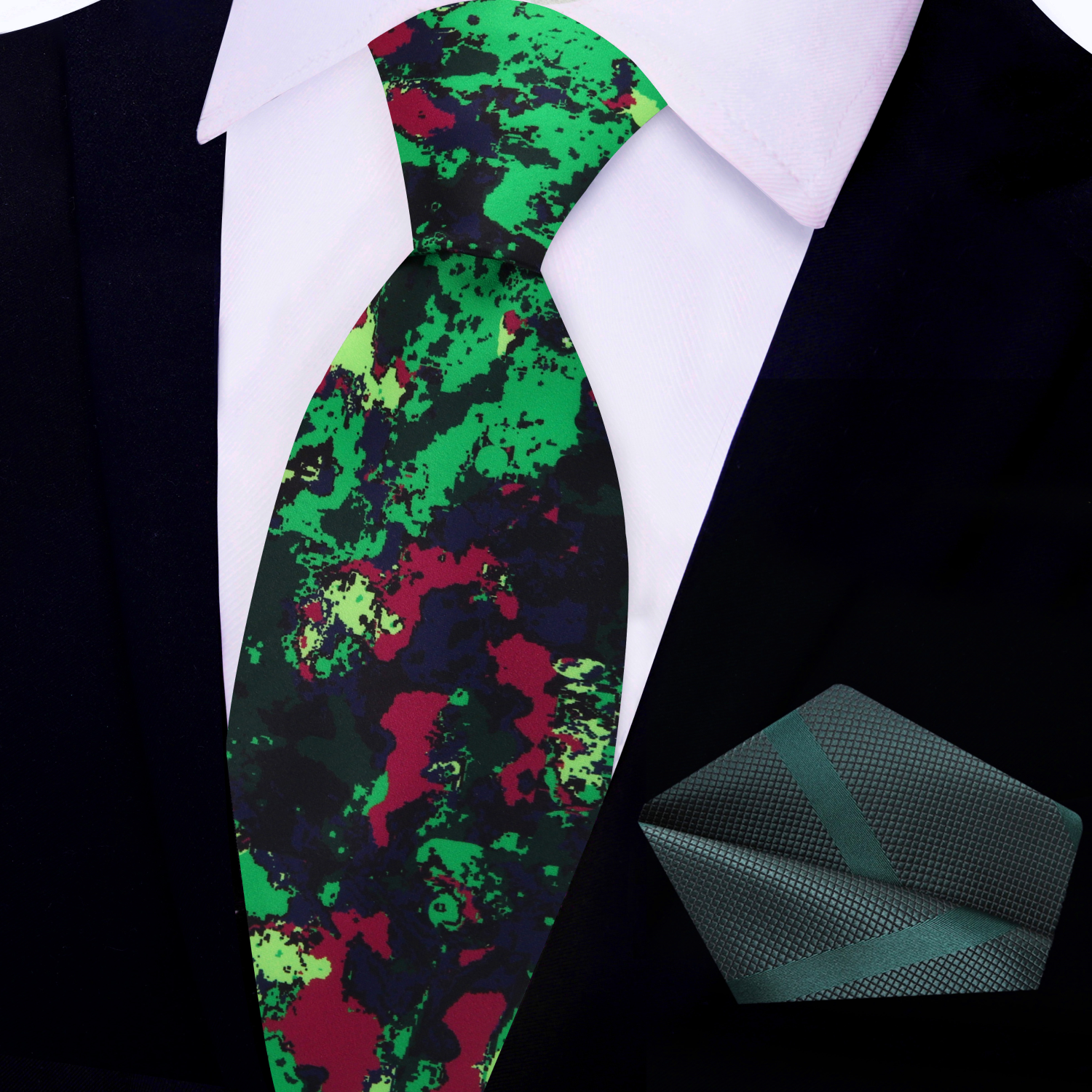 Main Shades of Green, Red Abstract Tie and Square