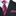 Black suit with a pink and purple patterned tie and pocket square.