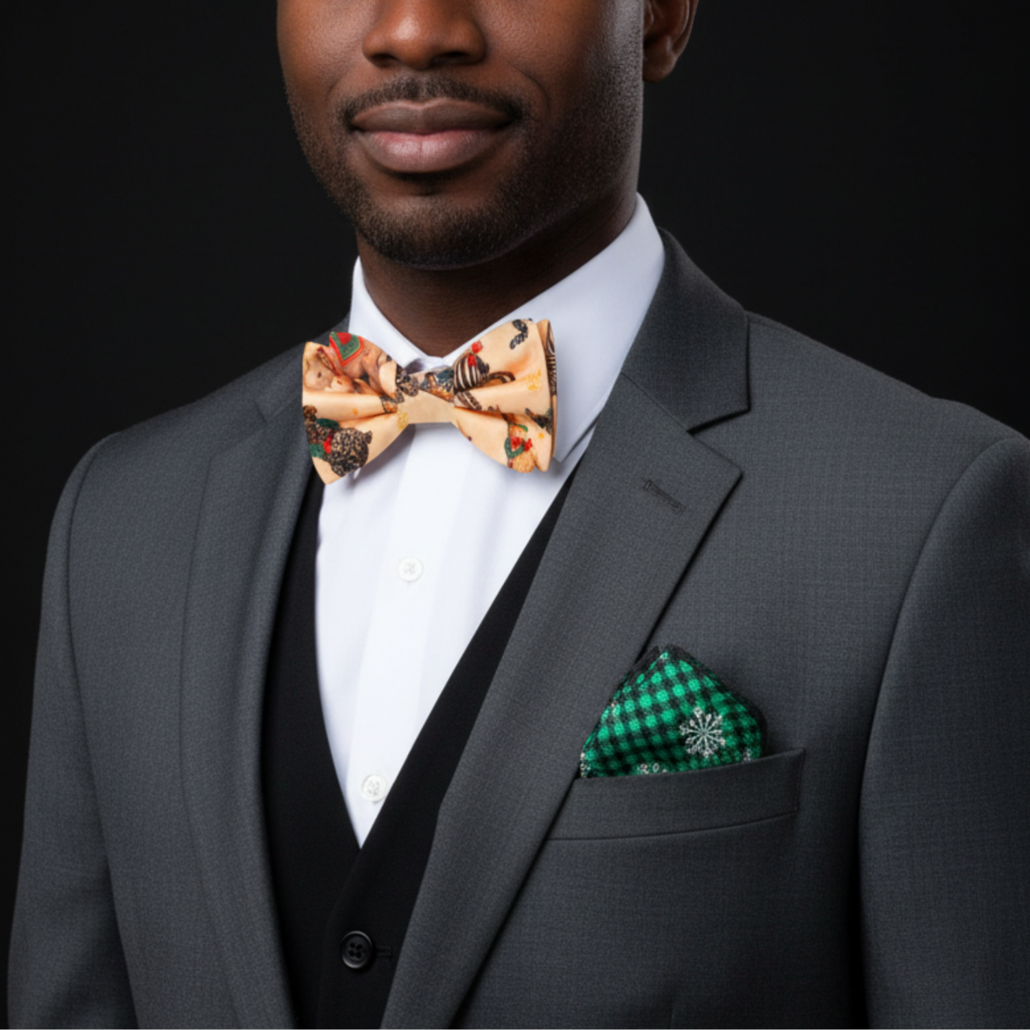 Man wearing a gray suit with a patterned bow tie and green pocket square on a black background