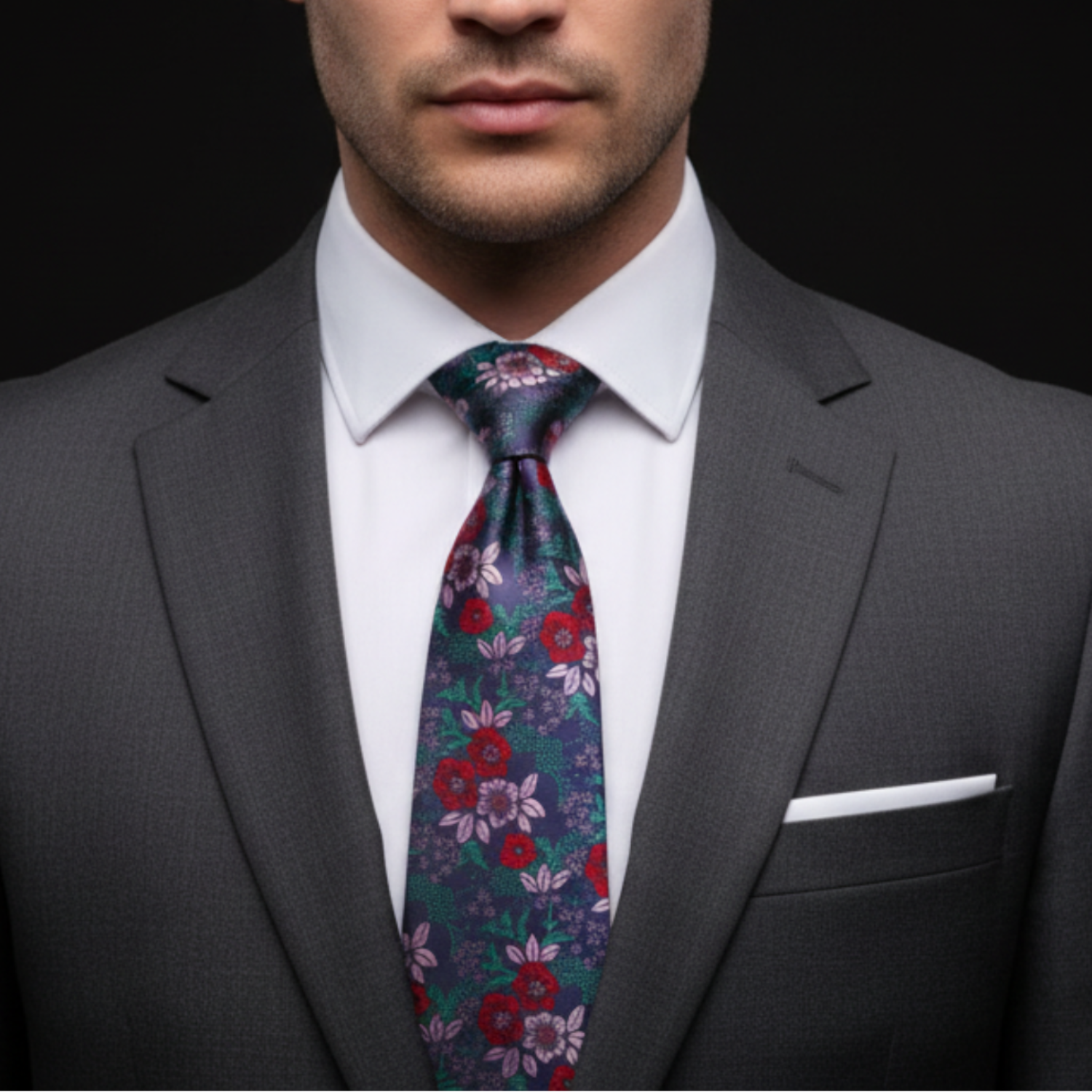 Man wearing a gray suit with a colorful floral tie against a black background
