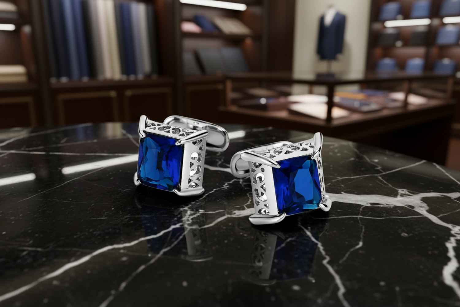 A Chrome, Blue Stone Square Cuff-links Set