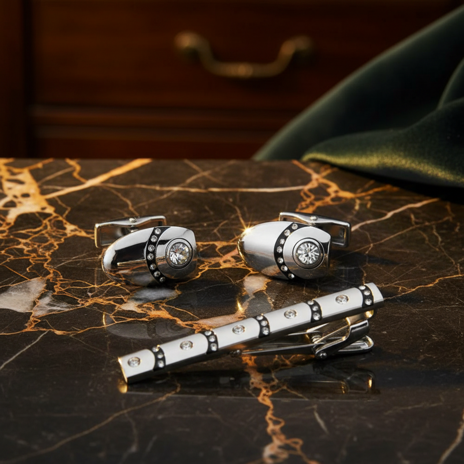 chrome and black tie clip and cufflinks