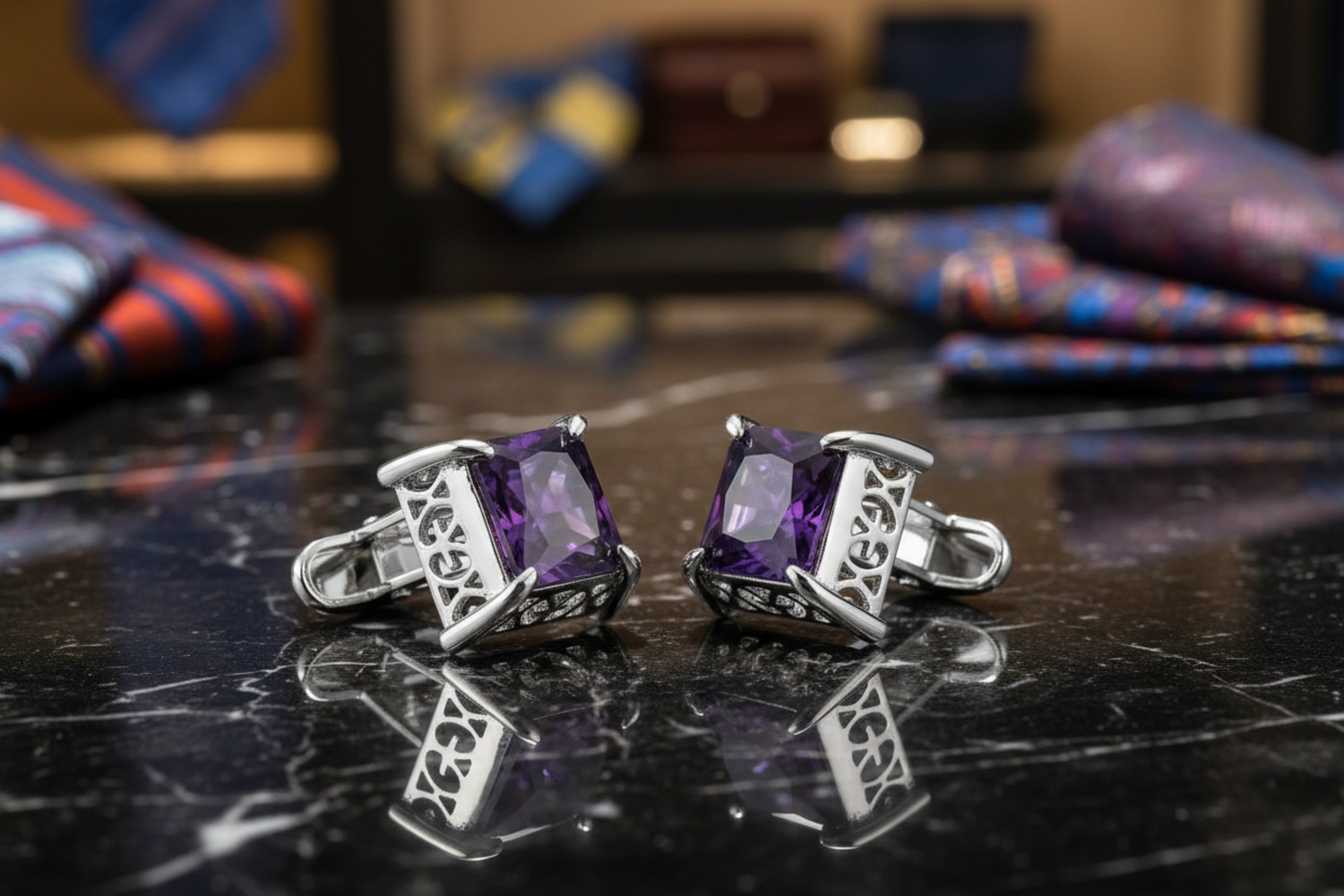 A Chrome, Purple Stone Square Cuff-links