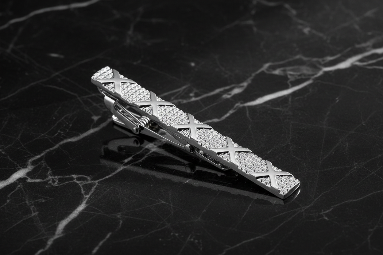 A Chrome Tie Bar with Check Texture and X's