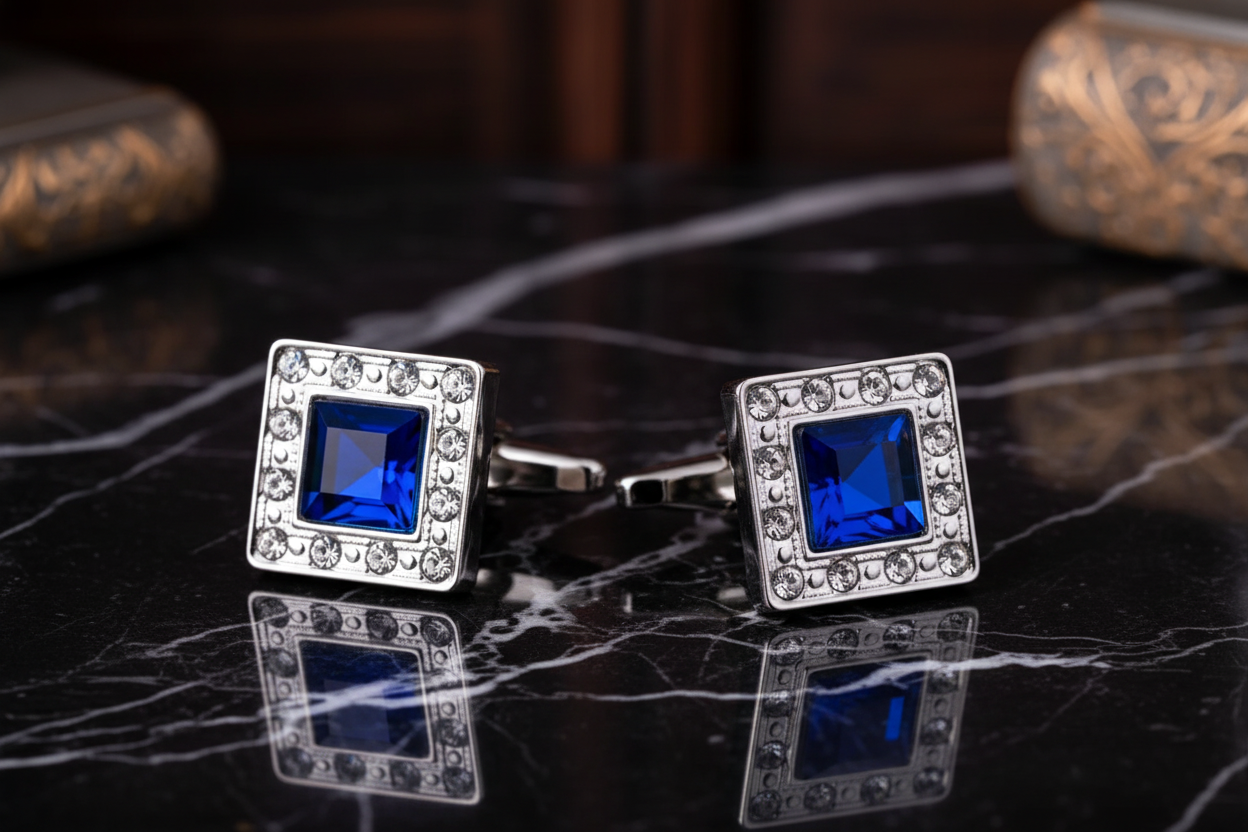 Premium A Chrome, Blue Colored Square Shape Cuff-links